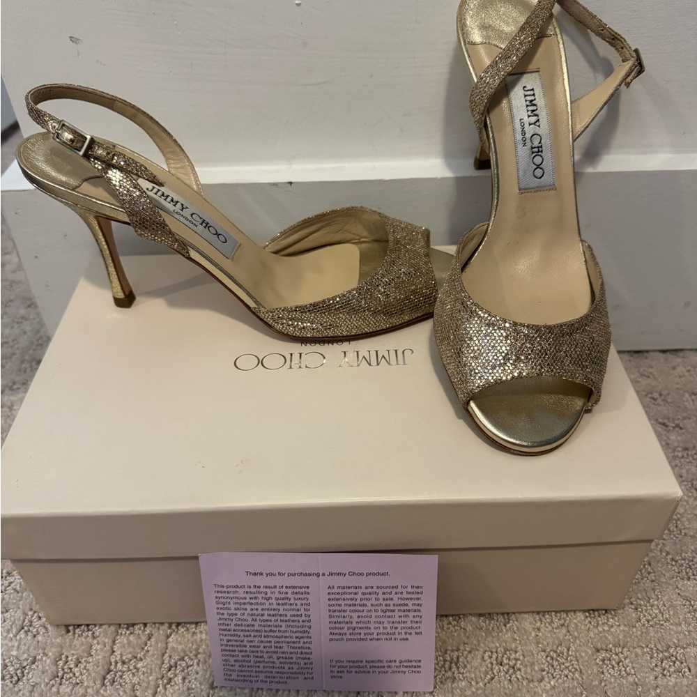 Jimmy Choo Glittering Gold Heels Size 37.5 with 3 inch heel